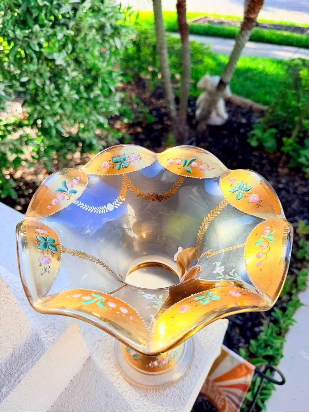 Bohemian Czech Vtg. Satin Glass Pedestal Vase Hand Painted Gold Gilt Ruffled Rim